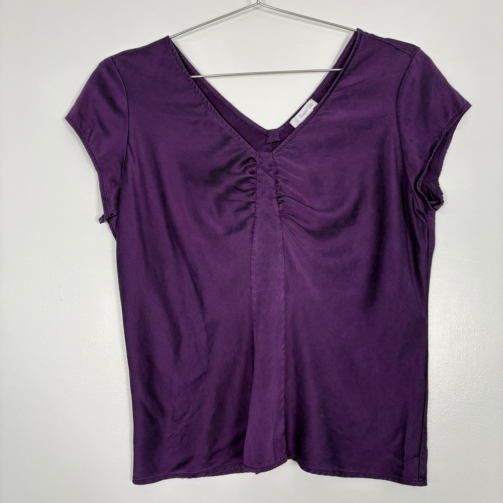 Marshall‎ Fields Womens Silk Blouse Large Purple V-Neck Ruched Cap Sleeve Top